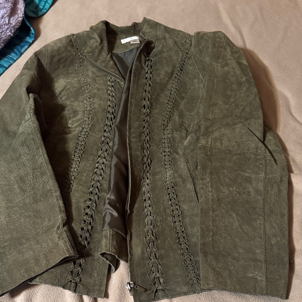 Coldwater Creek Green Leather Jacket with Braided Accents